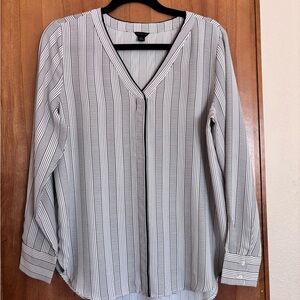Ann Taylor Black and White Vertical Stripe V-Neck Blouse